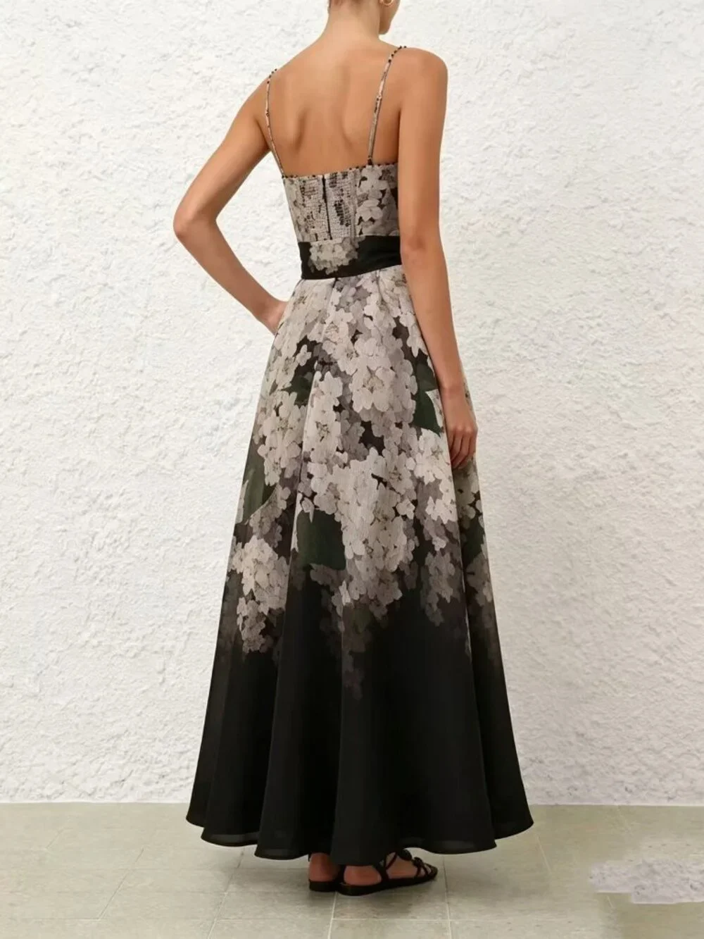 Black Floral Sweetheart Corset Maxi Evening Dress with Sash - Picture 3 of 7